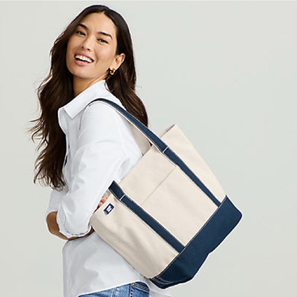 Land’s End Supergoop! Medium Natural/Navy Blue 5 Pocket Open Top Canvas Tote Bag